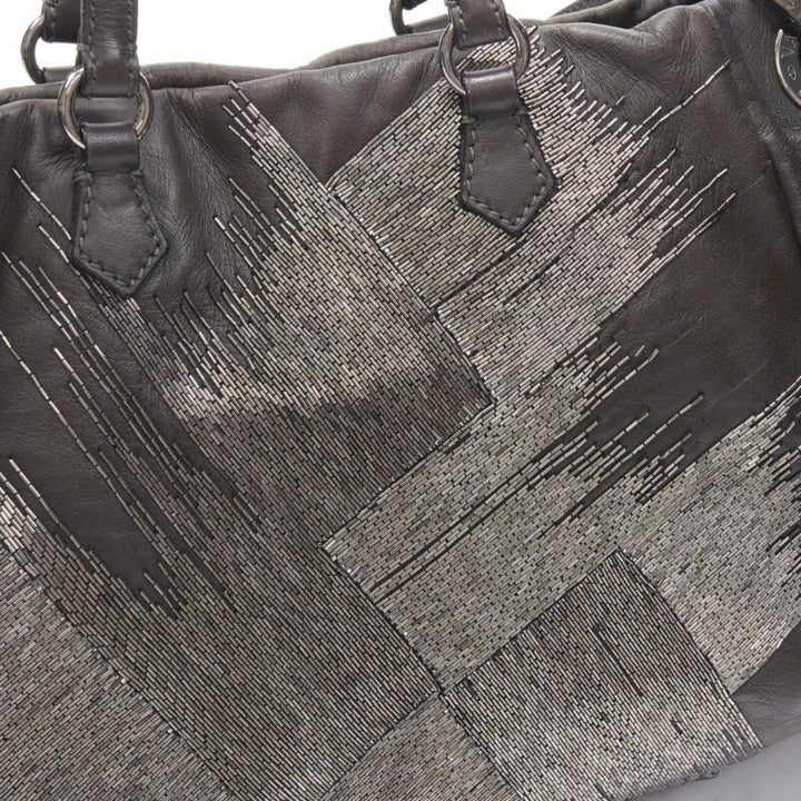 VALENTINO silver bead embellished grey leather crossbody large tote bag