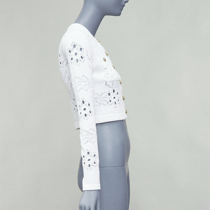 CHANEL 2021 white cotton gold CC button crochet knit cropped cardigan FR34 XS