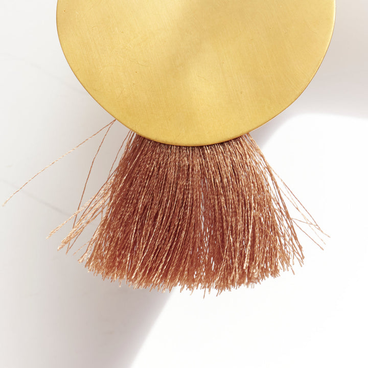 PMX CANO gold metal geometric tribal face beige tassel pin earrings Pair