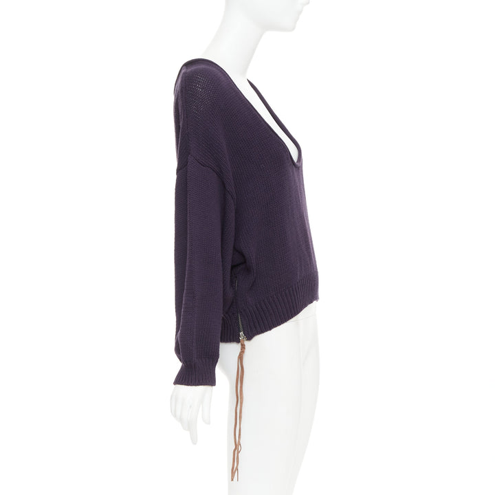 ACNE STUDIOS 2011 Sharp navy cotton wide scoop neck leather zip sweater XS