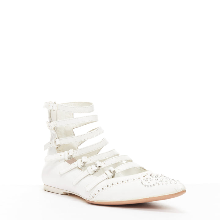 VERONIQUE BRANQUINHO white leather silver studded wingtip strappy flats EU37.5