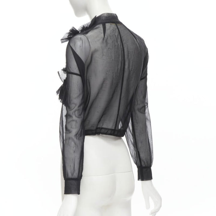 Runway COMME DES GARCONS Vintage 1990 black sheer pleated ruffle bomber jacket S