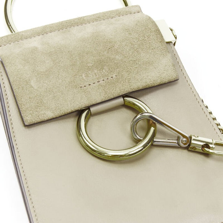 CHLOE Faye gold bangle bracelet ring chained crossbody grey suede leather bag