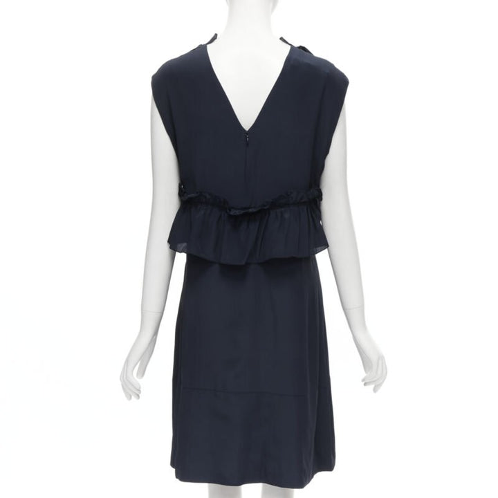 MARNI navy blue silk crepe cross ruffle trim knee lenth dress IT40 S