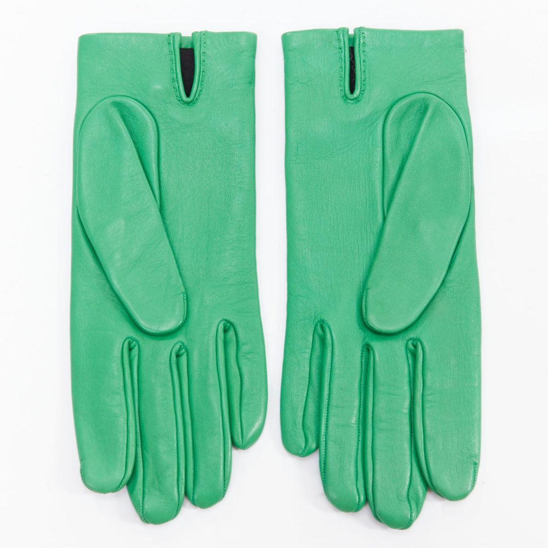 HERMES kelly green leather silver Medor stud ring silk lined gloves Sz6.5