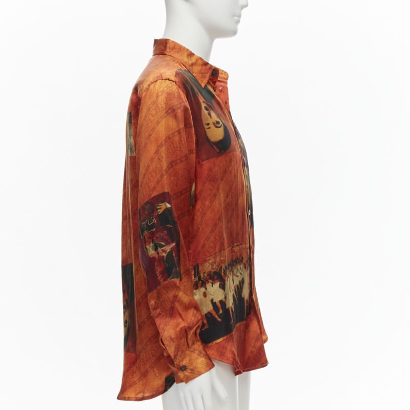 rare YOHJI YAMAMOTO 2004 100% silk Taisho Japanese portrait orange shirt JP2 M