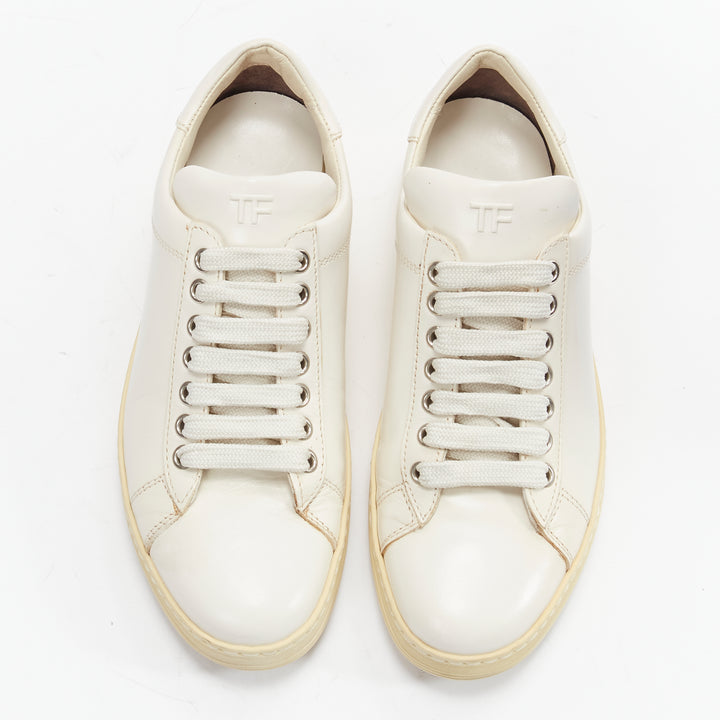 TOM FORD TF logo cream stiff leather minimal classic lace up sneakers EU36