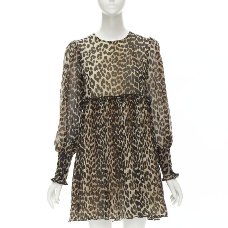 GANNI brown leopard spot print pleated flared babydoll dress FR36 S