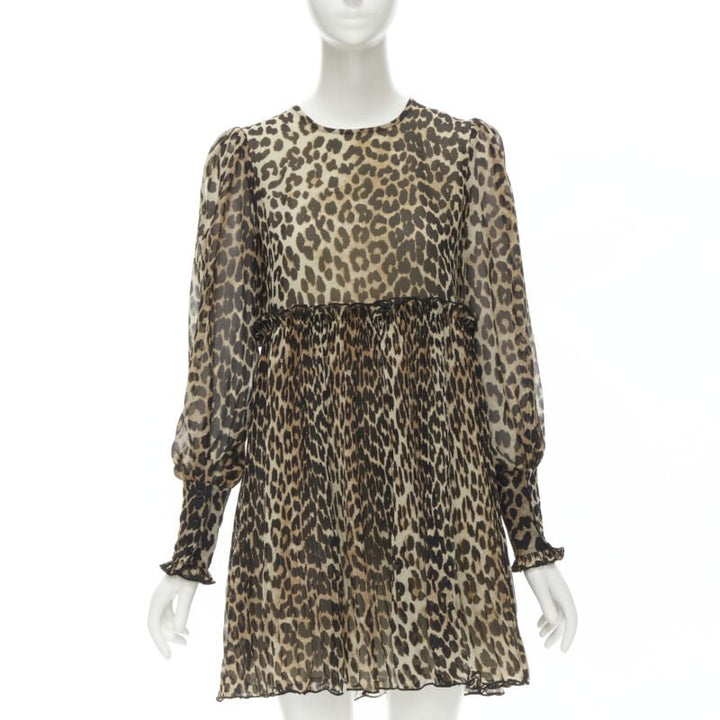 GANNI brown leopard spot print pleated flared babydoll dress FR36 S
