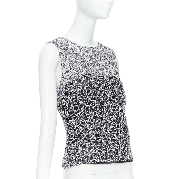 CHANEL 09P black white abstract print squiggle lattice sleeveless vest top FR40