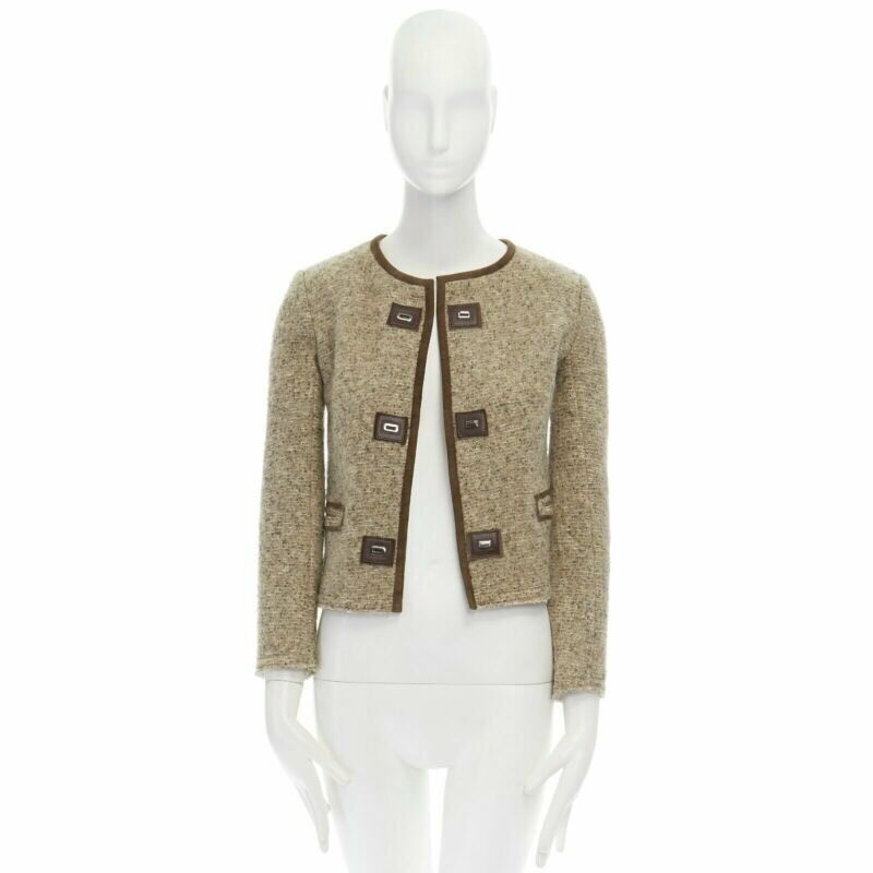 ISABEL MARANT Kios brown virgin wool boucle suede trimmed twist lock jacket FR36
