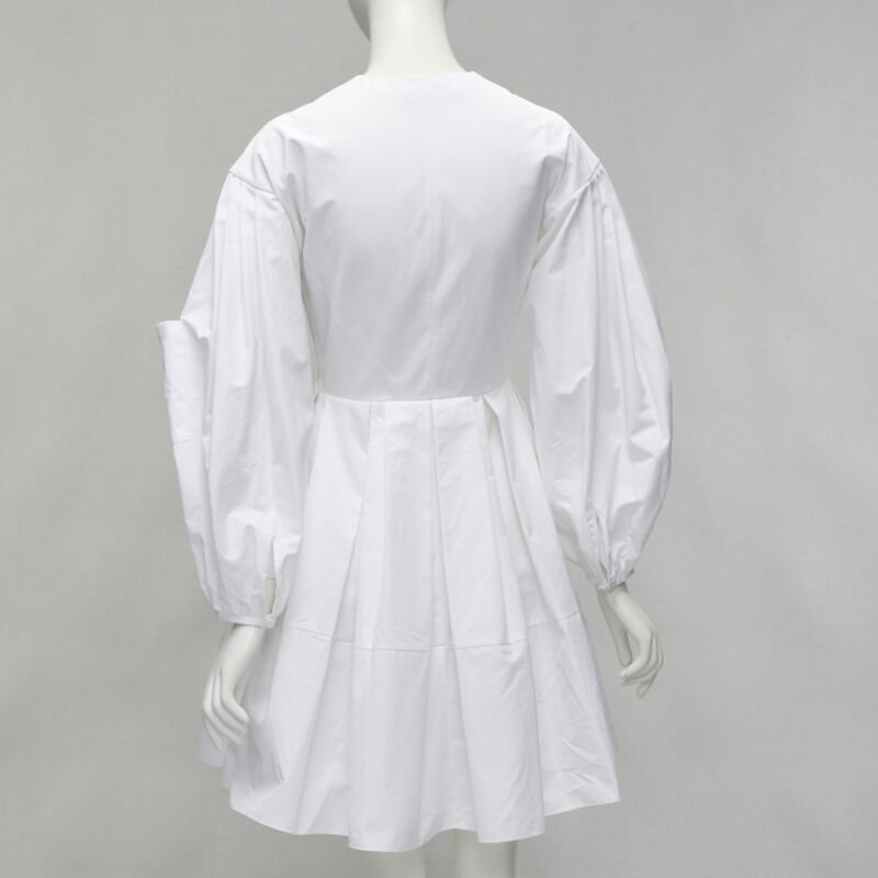 ALEXANDER MCQUEEN white cotton silver zip front puff sleeve flared dress IT36 XS