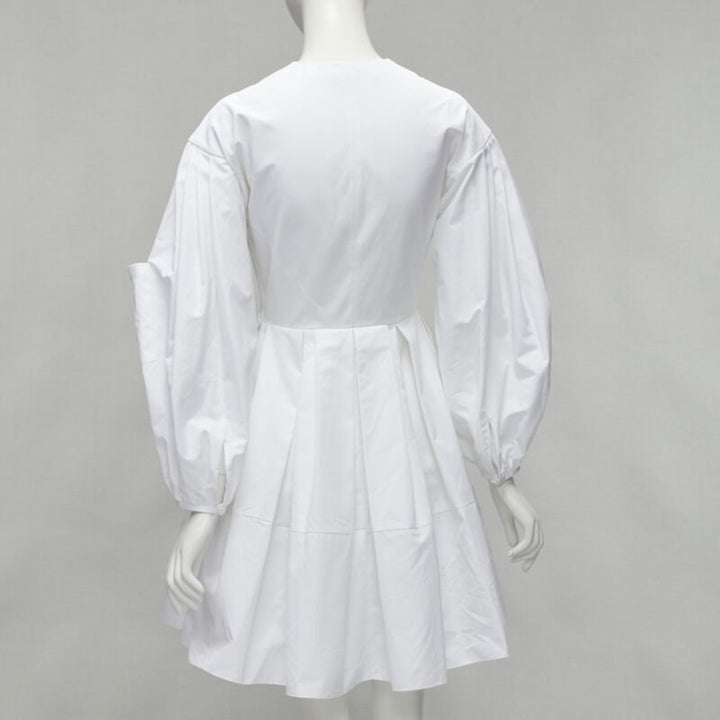 ALEXANDER MCQUEEN white cotton silver zip front puff sleeve flared dress IT36 XS