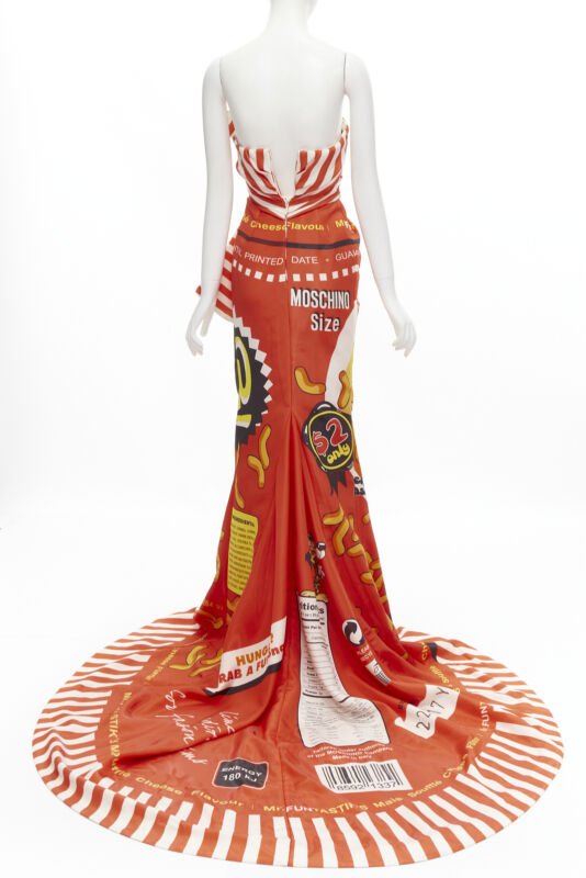 rare MOSCHINO Couture! 2014 Runway orange Cheetos Junk Food bow gown IT38 XS