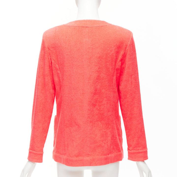 CHANEL coral pink towel terry cloth gold CC logo blazer jacket FR36 S