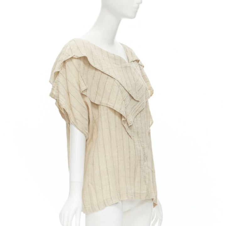 ISSEY MIYAKE 1980's Vintage beige striped linen waterfall ruffle top S Rare
