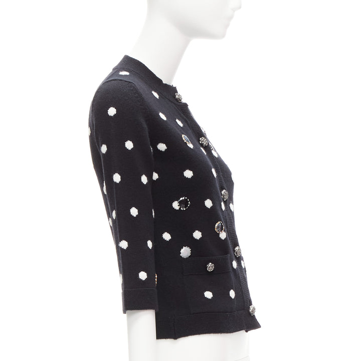 CHANEL 08A 100% cashmere silver embellished black polka dot cardigan FR34 XS
