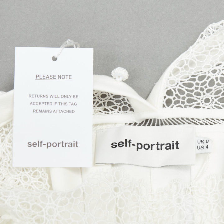 SELF PORTRAIT Military Cape Shoulder white floral lace ruffle dress UK4 XXS