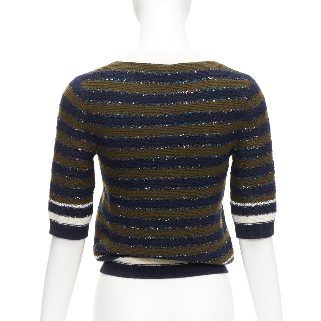CHANEL 20C navy khaki sequin cashmere blend CC logo stripe crop sweater FR34 XXS
