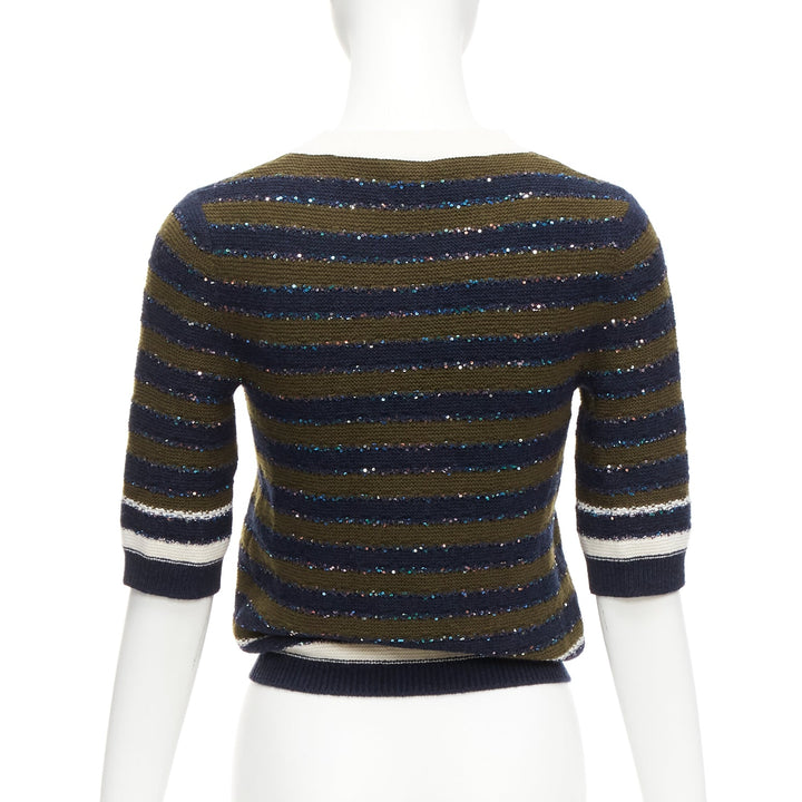 CHANEL 20C navy khaki sequin cashmere blend CC logo stripe crop sweater FR34 XXS