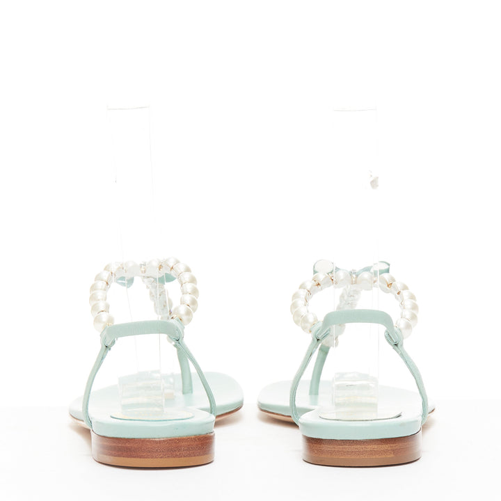 RENE CAOVILLA teal leather bow crystal pearl tstrap flat sandals EU37