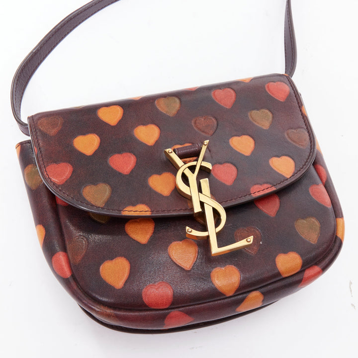 SAINT LAURENT Kaia brown heart embossed print YSL crossbody bag