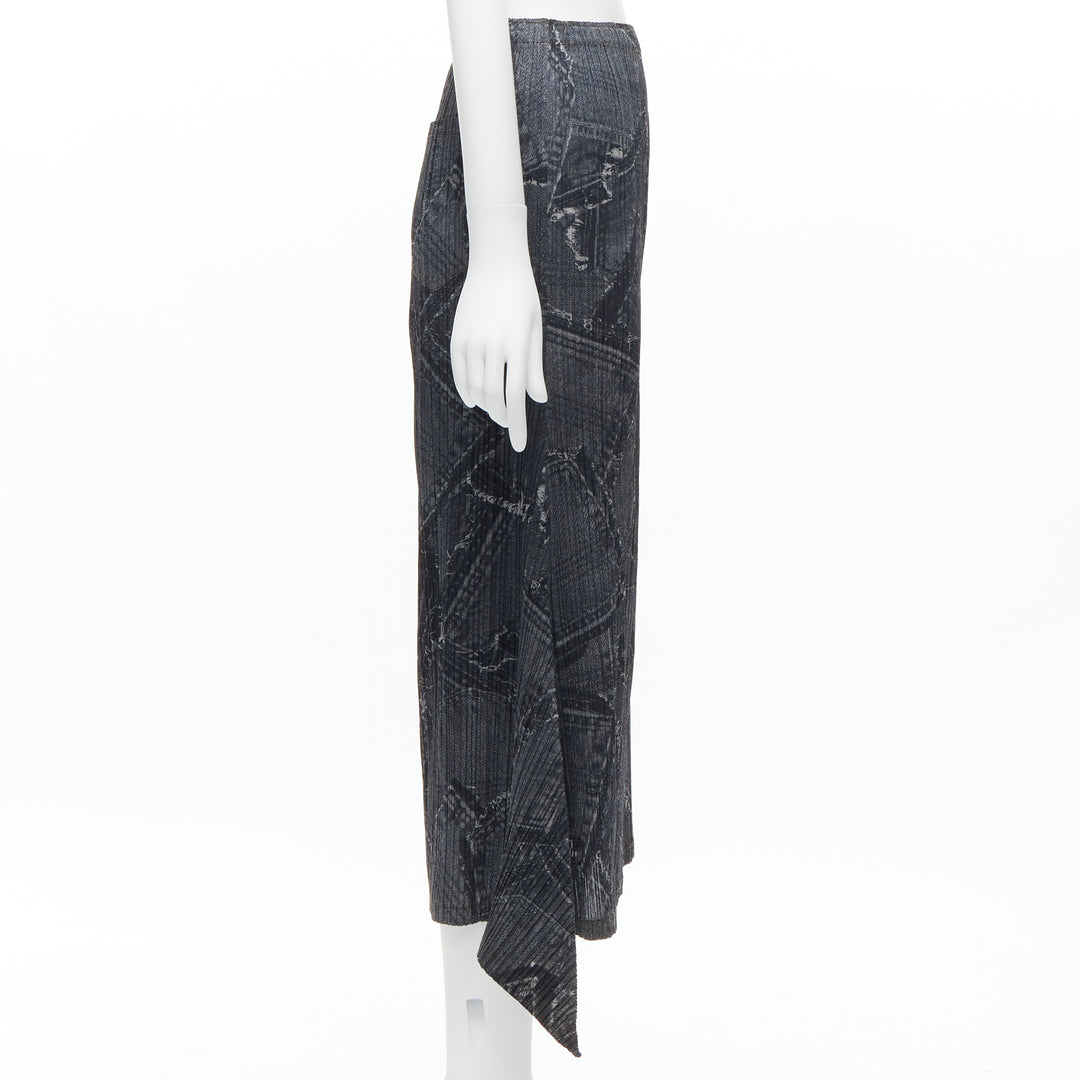 ISSEY MIYAKE PLEATS PLEASE dark blue denim patchwork print pleated skirt JP2 M