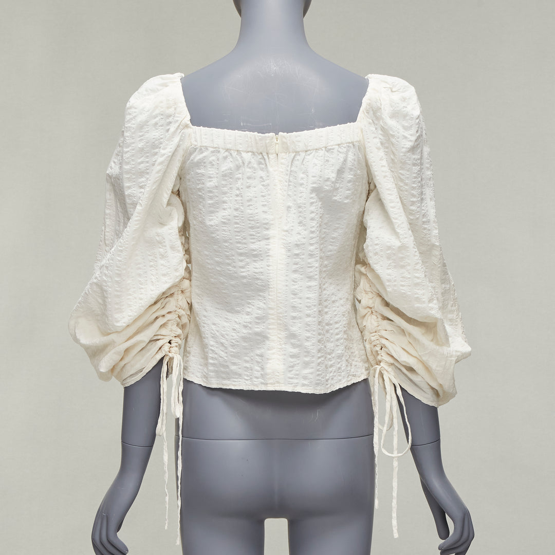 REGINA PYO cream cotton square neck ruched puff sleeves cropped peasant top S