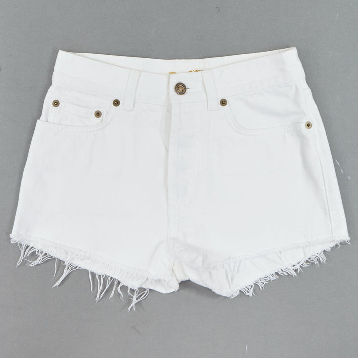 SAINT LAURENT 2016 white cotton cut off frayed jean denim shorts 25"