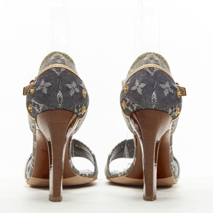 LOUIS VUITTON grey denim patchwork buckle vachetta strap wooden heel sandal EU36
