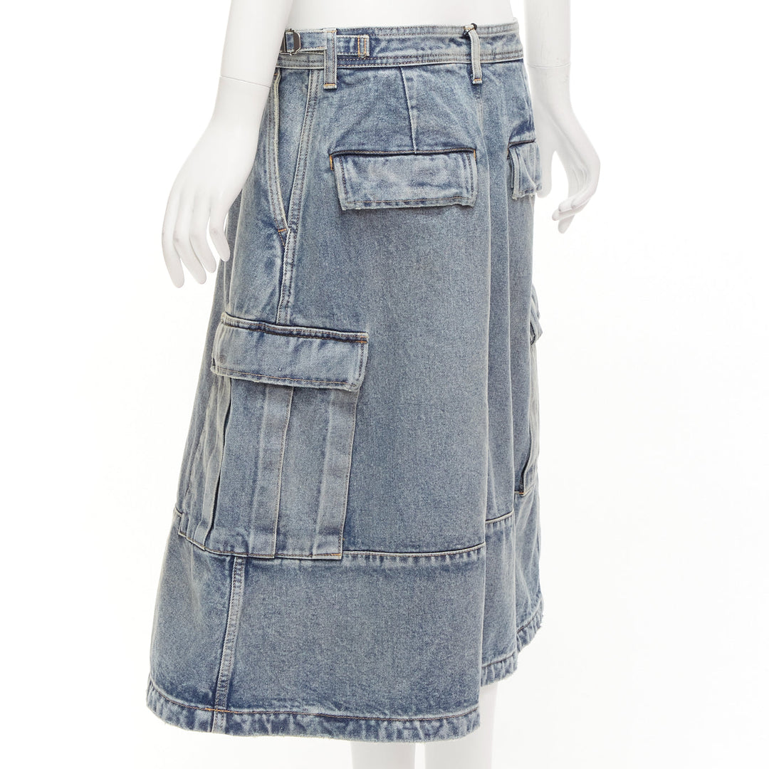 BALENCIAGA Demna 2021 Cargo Kick blue denim low waist logo midi skirt FR38 M