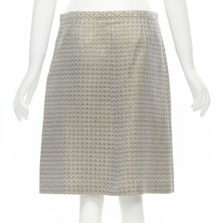 DRIES VAN NOTEN gold coated jacquard cotton belted knee lnegth skirt FR36 S