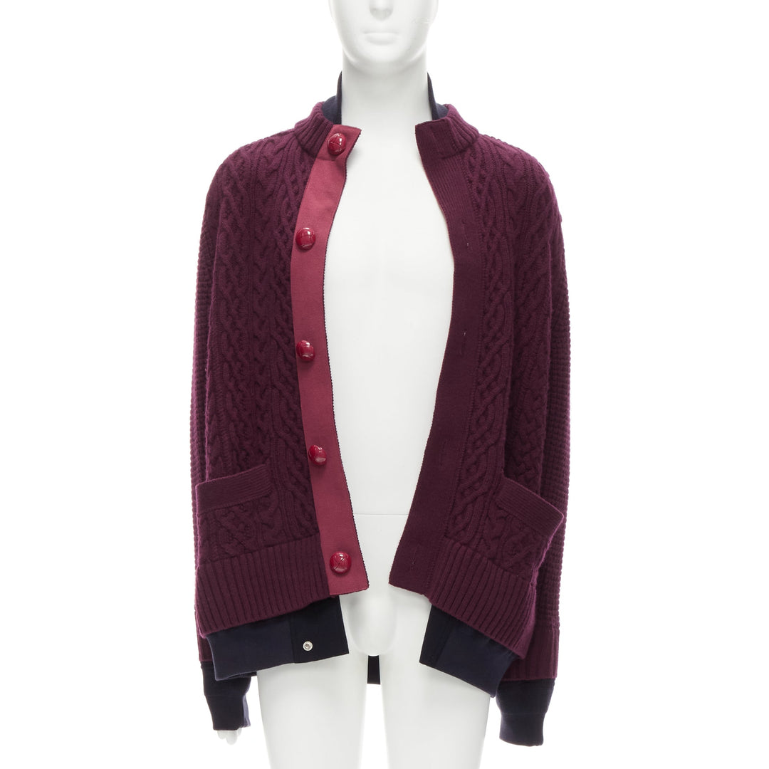 SACAI 2016 burgundy 100% wool cable knit layered hem cardigan JP3 L