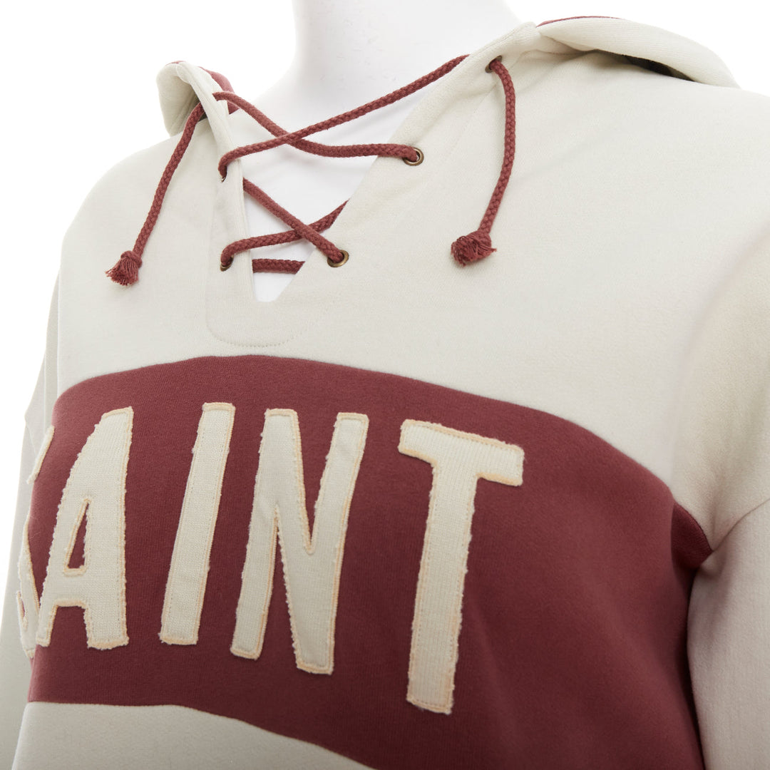 SAINT LAURENT 2022 taupe red logo applique drawstring crop hoodie XS