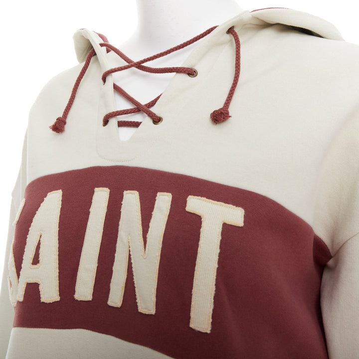 SAINT LAURENT 2022 taupe red logo applique drawstring crop hoodie XS