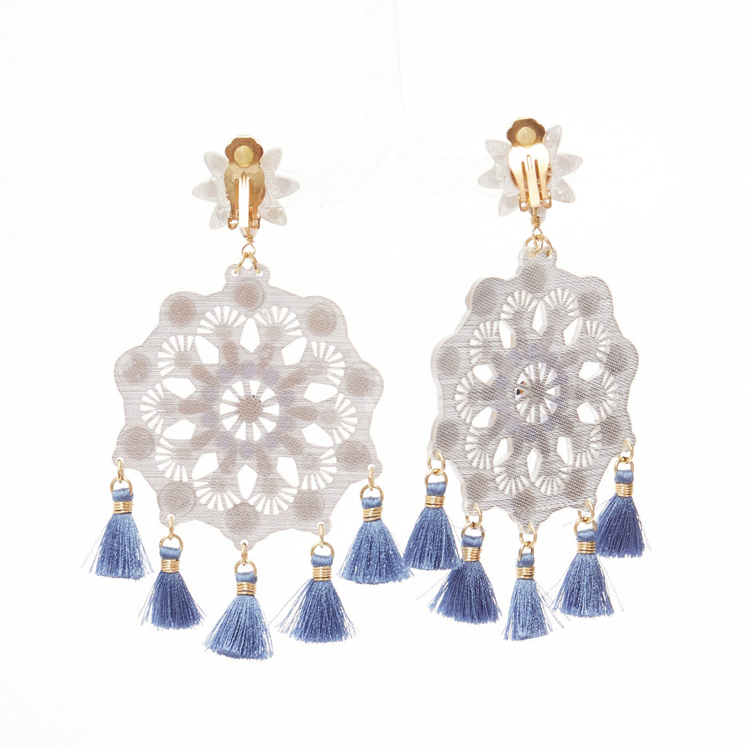 MERCEDES SALAZAR clear acrylic blue beads tassels clip on drop earrings