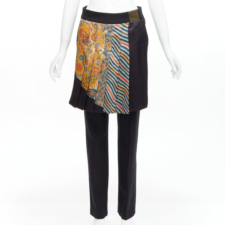 DRIES VAN NOTEN 2012 Runway Gold Chinese dragon pleated kilt trousers FR36 S