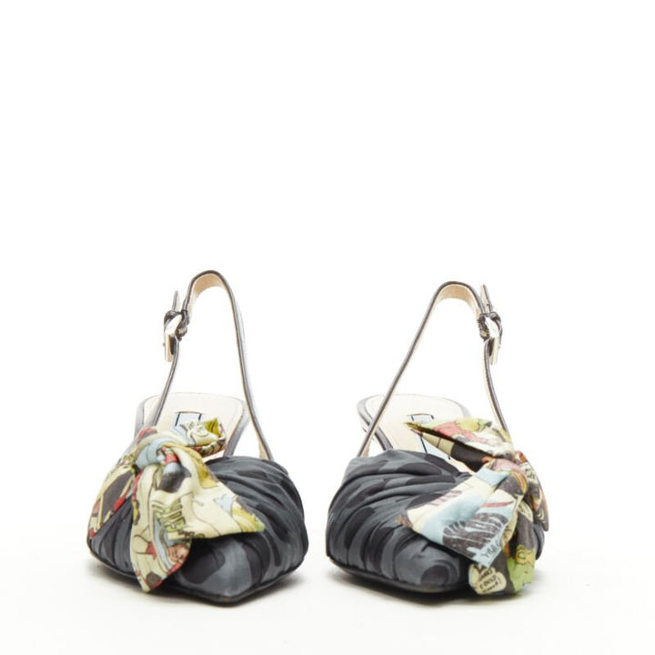 PRADA 2018 Comic print fabric wrap bow slingback kitten heel pump EU36