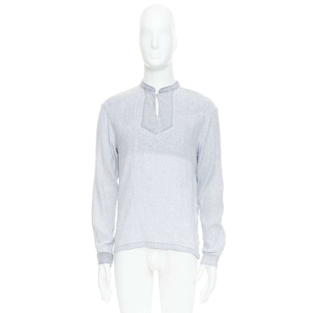 A.P.C. grey linen blend washed distressed slit collar long sleeve shirt S