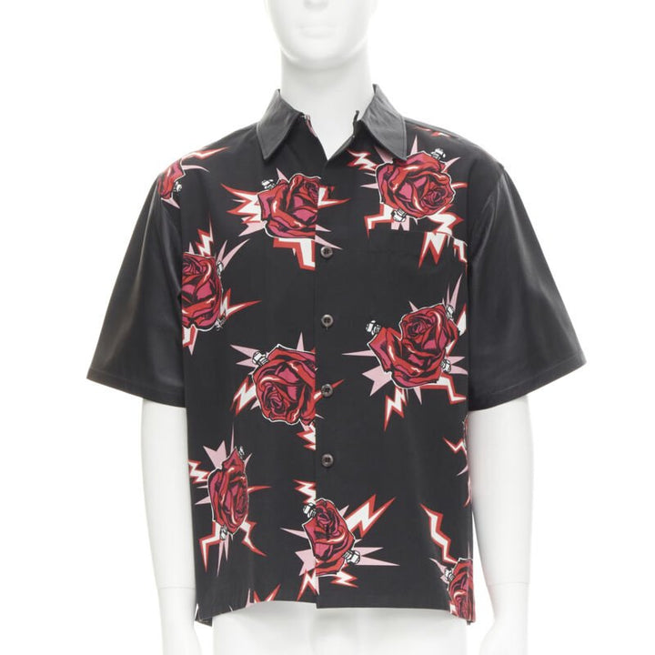 PRADA 2019 black red Rose Bolt cotton leather boxy bowling shirt EU48 M