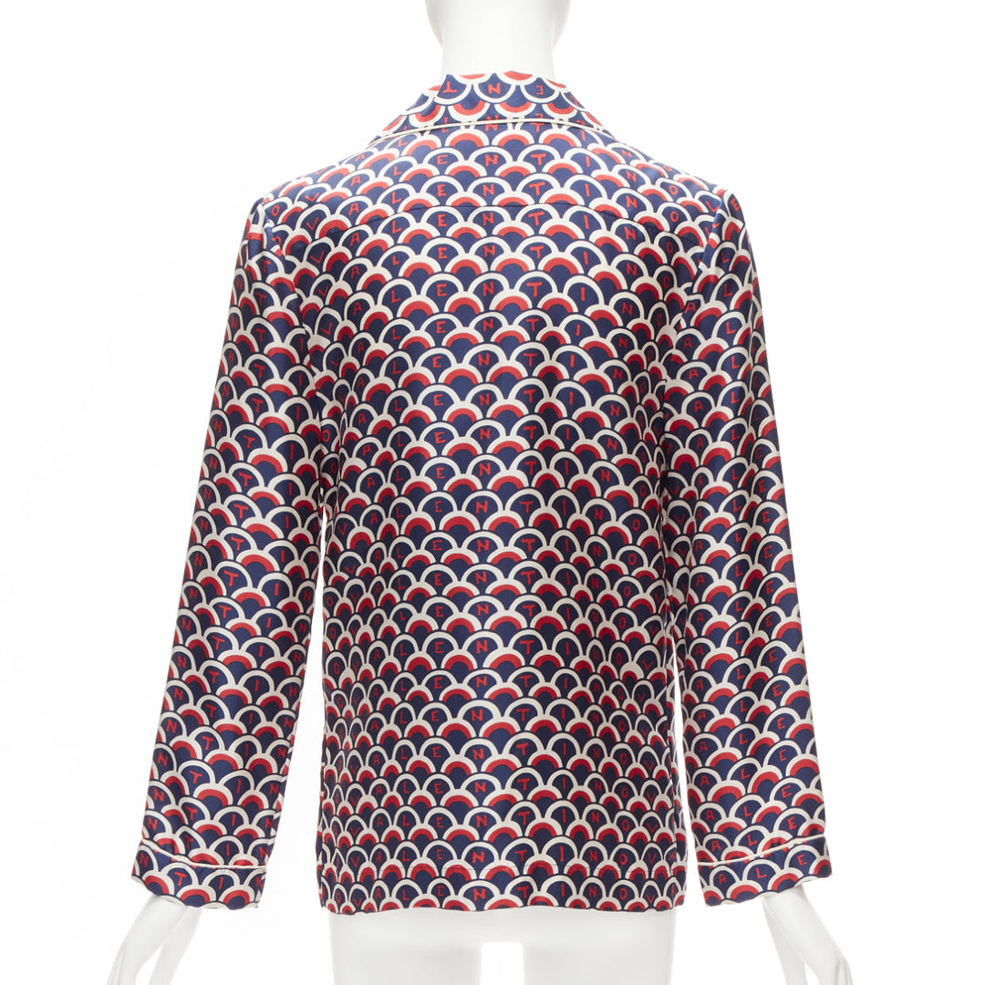 VALENTINO  100% silk Scale navy red logo print pajama shirt IT36 XXS