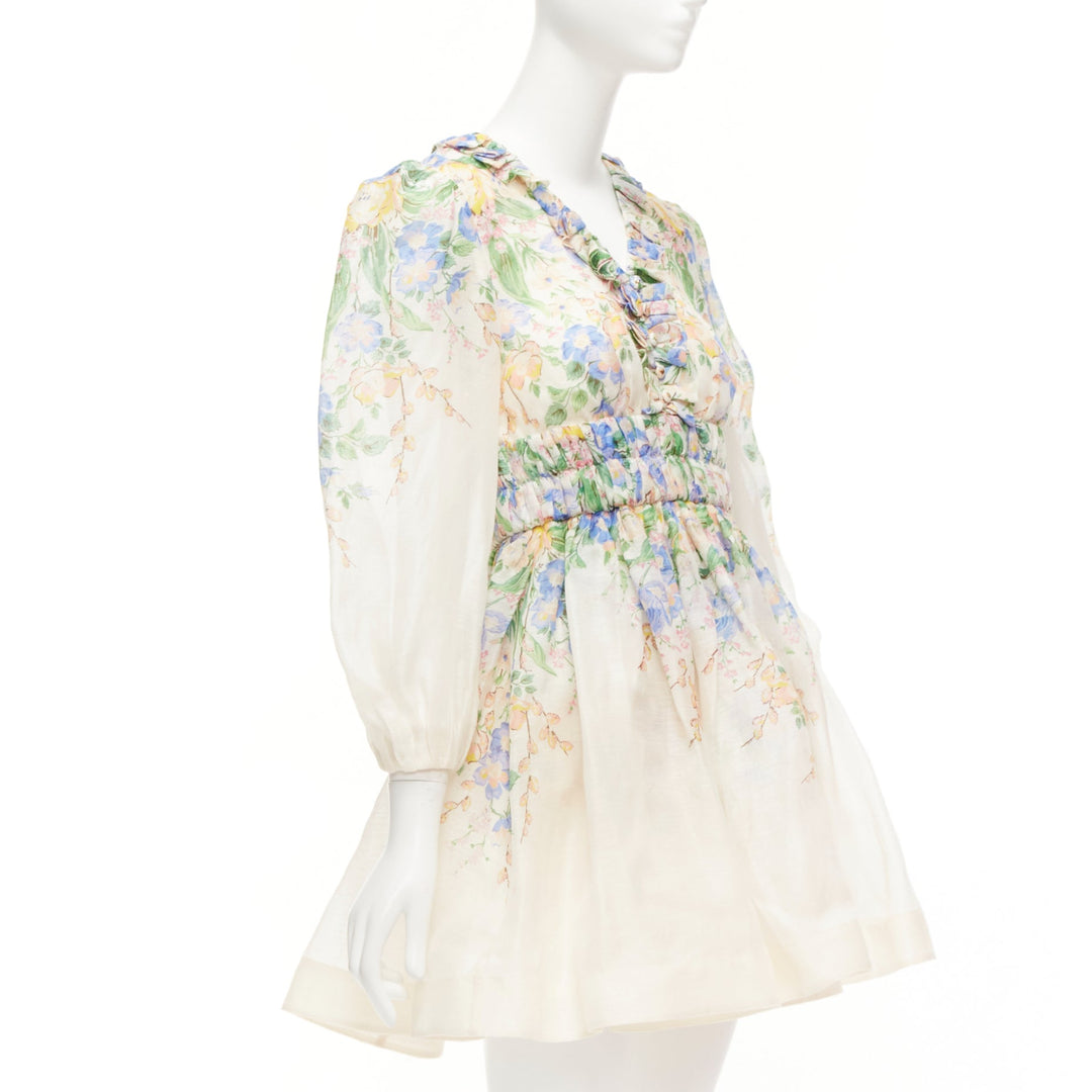 ZIMMERMANN Garden Floral blush pink silk linen blue floral billow dress AU1 M