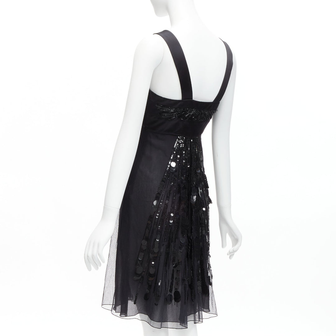 rare VERSACE 2008 black sequins bead embellishment ruffle strap dress IT38 XS