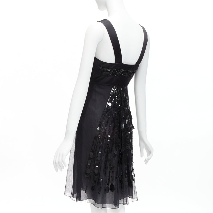 rare VERSACE 2008 black sequins bead embellishment ruffle strap dress IT38 XS