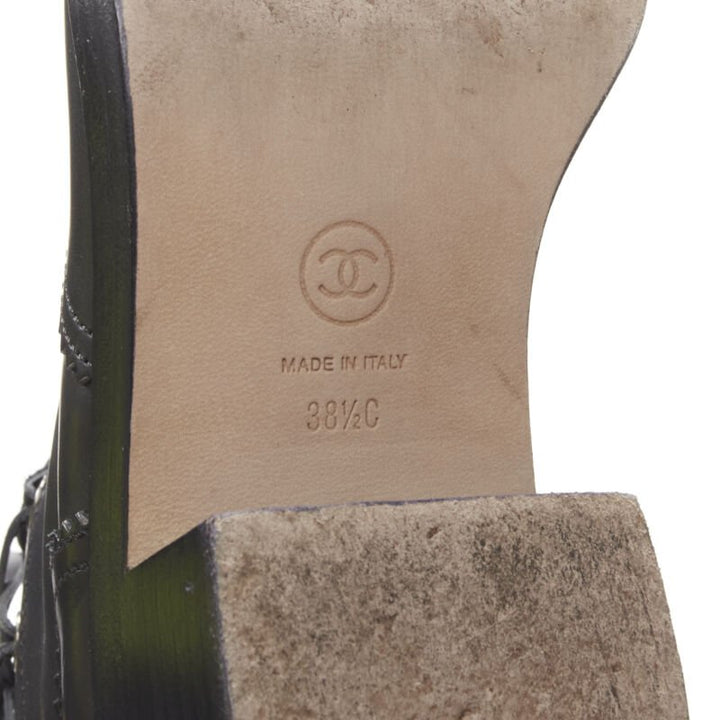 CHANEL black calfskin cross stitch cut out CC toe cap block heel boot EU38.5