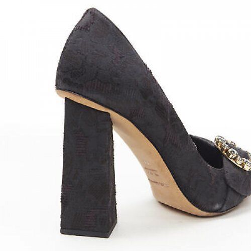 DOLCE GABBANA black brocade strass crystal brooch angular heel pump EU39 US9