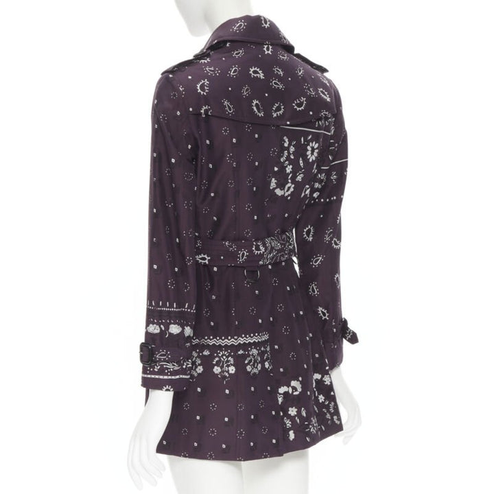 BURBERRY PRORSUM purple paisley bandana print double breasted trench coat UK6 XS