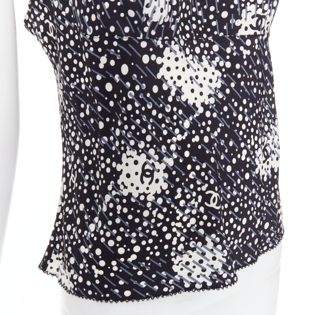 CHANEL 02A 100% silk CC logo polka dot pearl trim camisole FR40 S