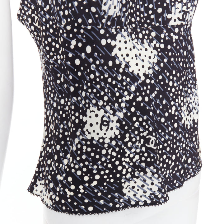 CHANEL 02A 100% silk CC logo polka dot pearl trim camisole FR40 S