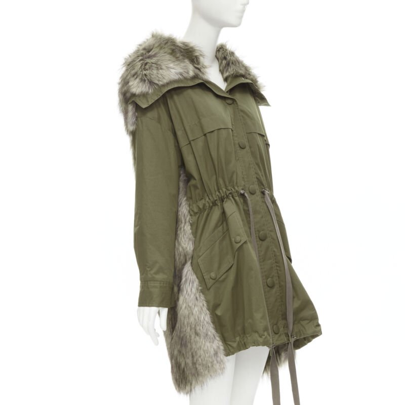 STELLA MCCARTNEY brown faux fur military green drawstring parka FR34 XS